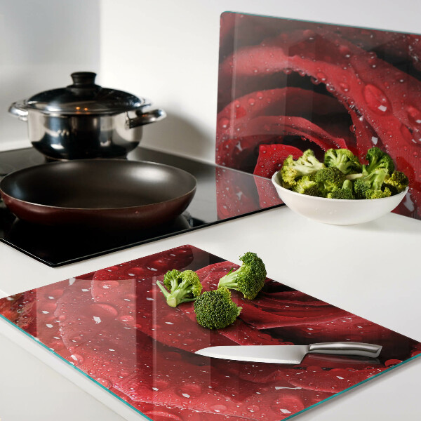 Glazen snijplanken Rode roos met waterdruppels