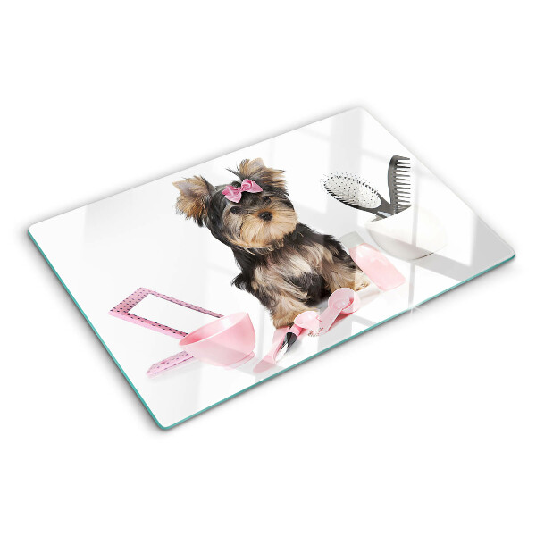 Snijplanken glas Yorkshire Terrier met verzorgingsaccessoires