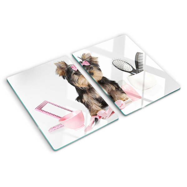 Snijplanken glas Yorkshire Terrier met verzorgingsaccessoires