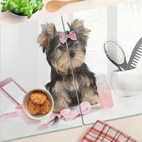 Snijplanken glas Yorkshire Terrier met verzorgingsaccessoires