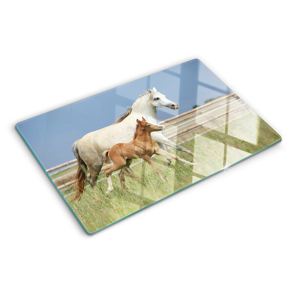 Glazen snijplanken Een paard met een veulen in een weiland.