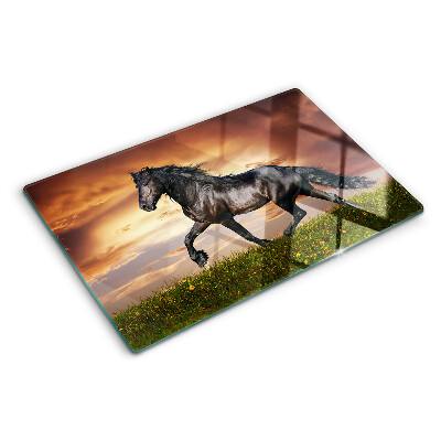 Snijplanken glas Een paard tegen de achtergrond van de ondergaande zon.