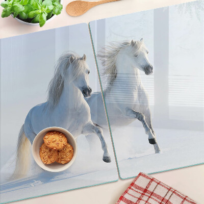 Glazen snijplanken Twee witte paarden in een dolle galop.