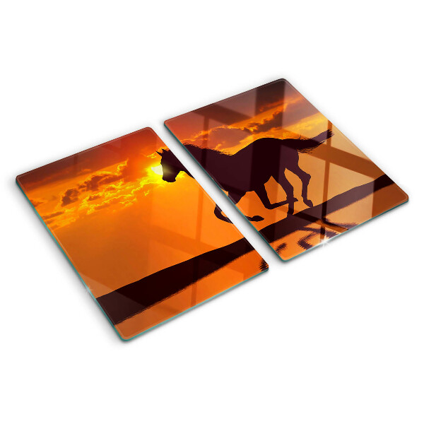 Snijplanken glas Een paard tegen de achtergrond van de ondergaande zon.