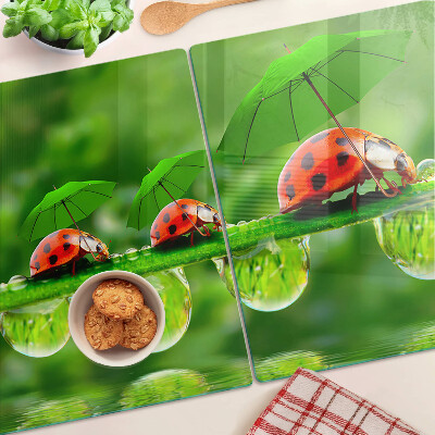 Glazen snijplanken Lieveheersbeestjes op bladeren met waterdruppels