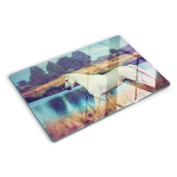 Snijplanken van glas Wit paard aan het water