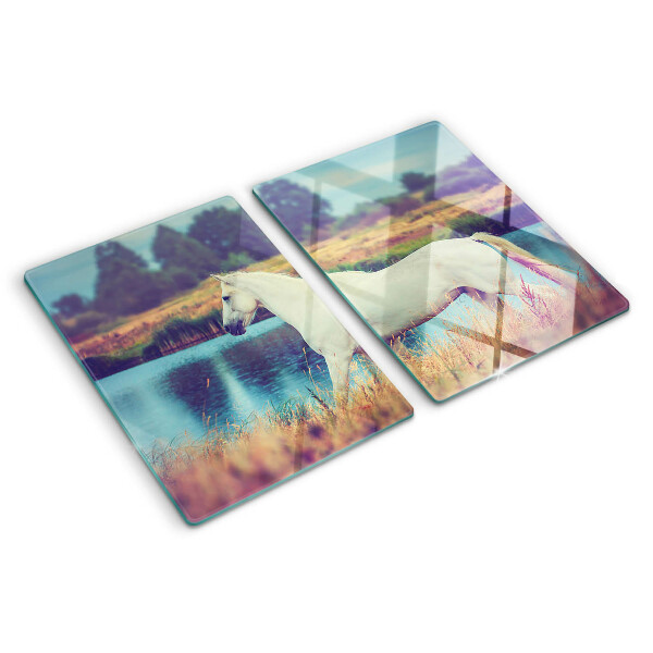 Snijplanken van glas Wit paard aan het water