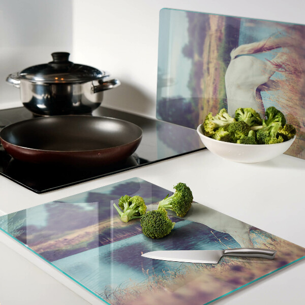 Snijplanken van glas Wit paard aan het water