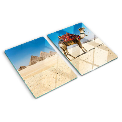 Glazen snijplanken Piramides en een kameel in de woestijn