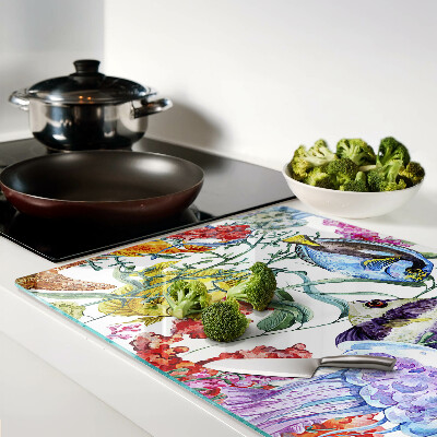 Snijplanken van glas Zeethema met vissen en kwallen