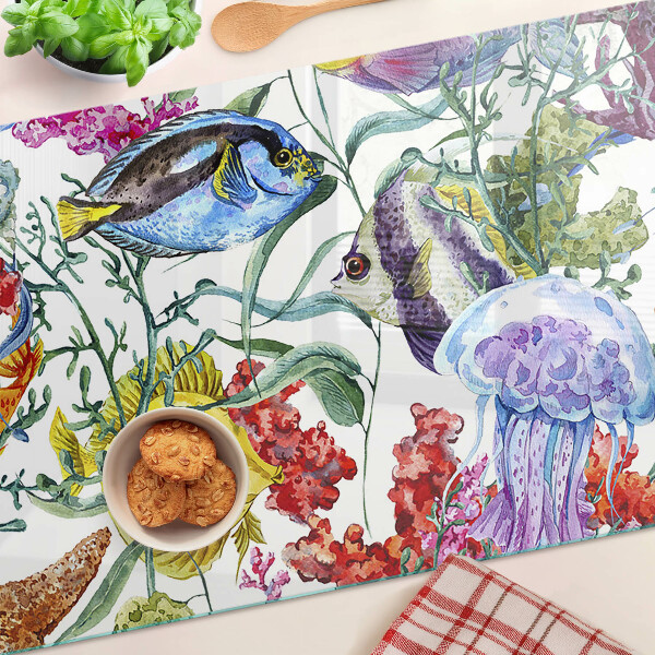 Snijplanken van glas Zeethema met vissen en kwallen