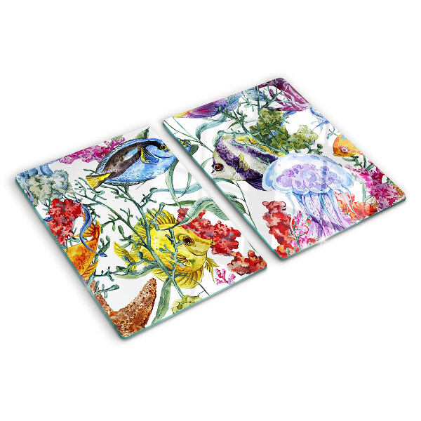 Snijplanken van glas Zeethema met vissen en kwallen