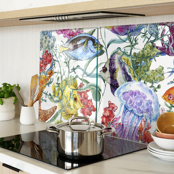 Snijplanken van glas Zeethema met vissen en kwallen