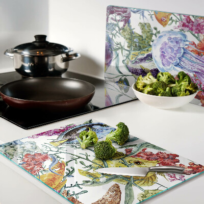 Snijplanken van glas Zeethema met vissen en kwallen