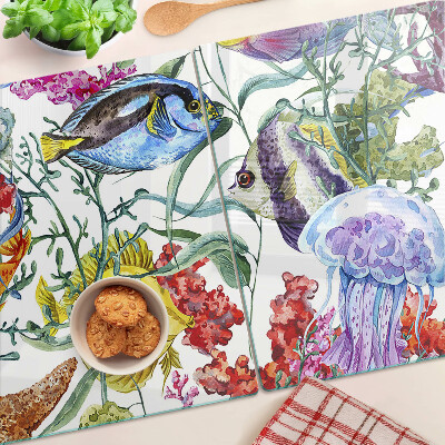 Snijplanken van glas Zeethema met vissen en kwallen