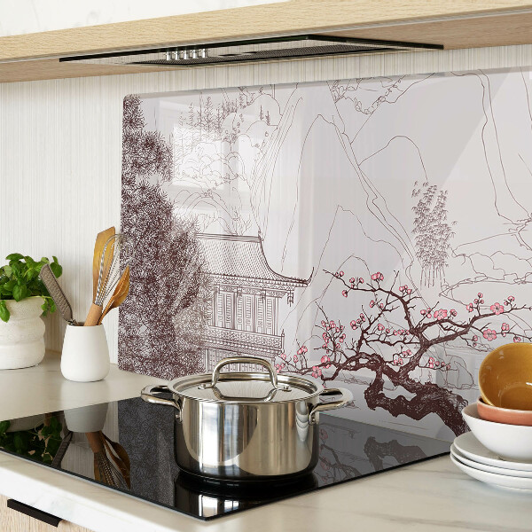 Snijplanken van glas Berglandschap met bloeiende bomen