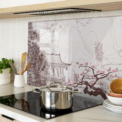 Snijplanken van glas Berglandschap met bloeiende bomen