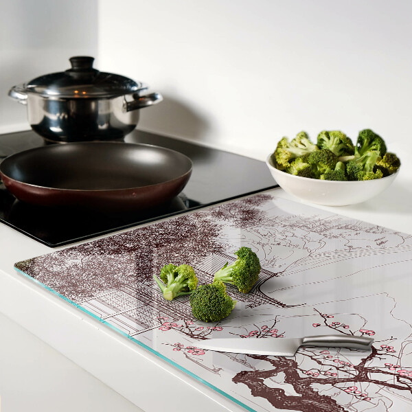 Snijplanken van glas Berglandschap met bloeiende bomen