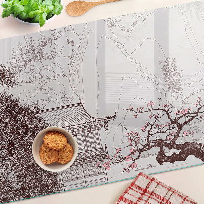 Snijplanken van glas Berglandschap met bloeiende bomen