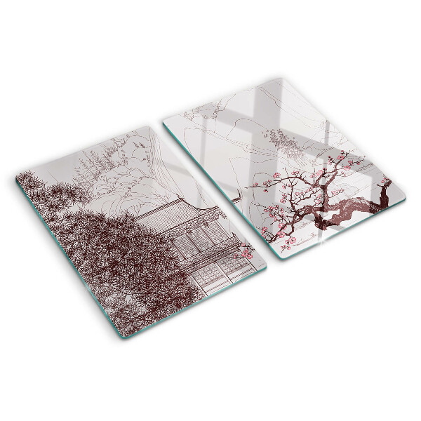 Snijplanken van glas Berglandschap met bloeiende bomen