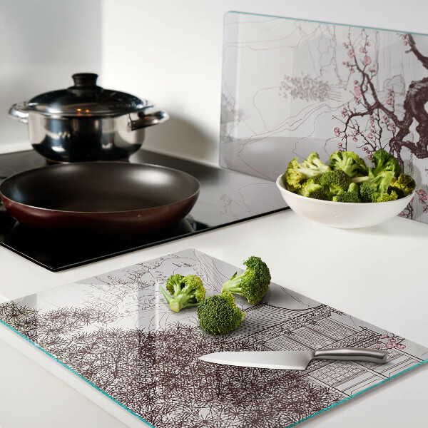 Snijplanken van glas Berglandschap met bloeiende bomen