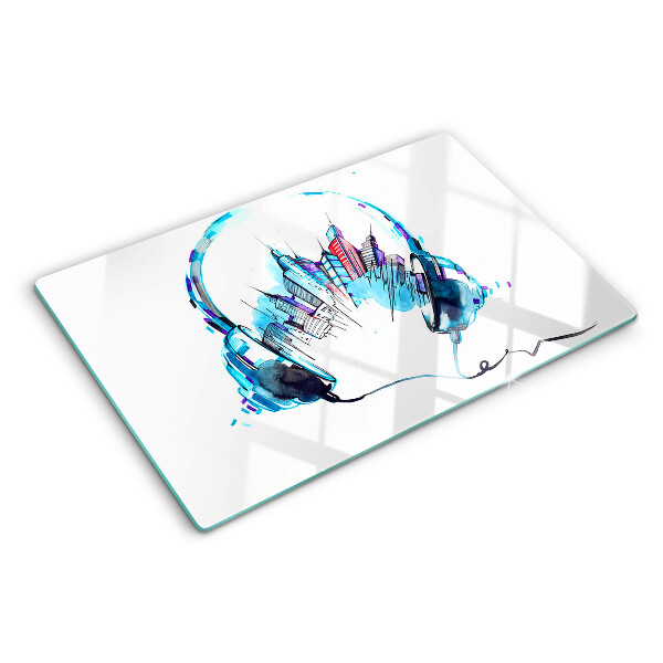 Snijplanken glas Hoofdtelefoon met stadsgezicht