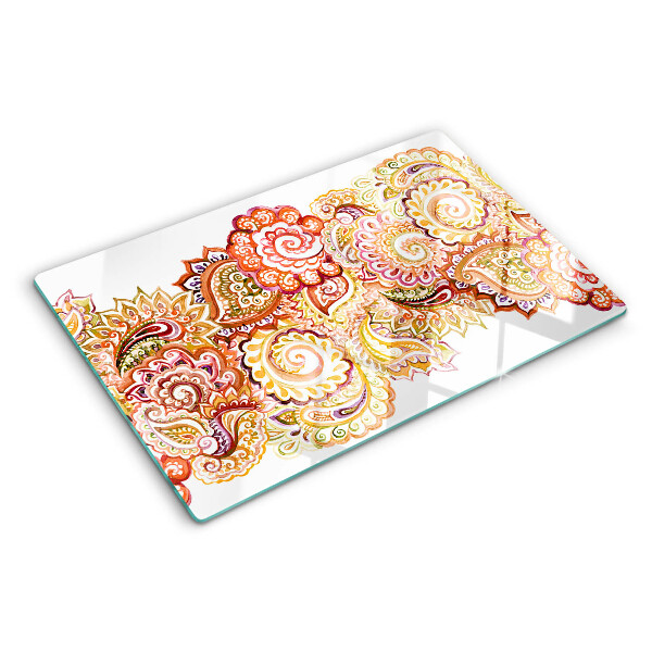 Snijplanken van glas Paisley-motief in tinten rood en goud.