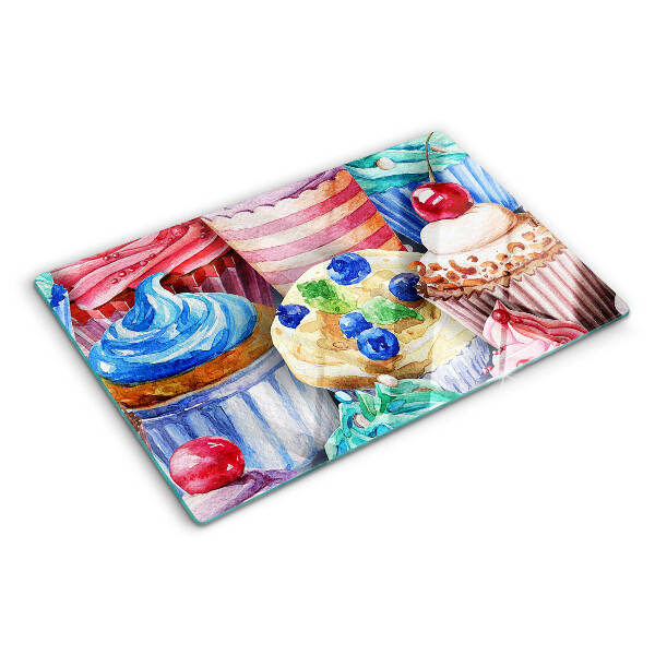 Snijplanken glas Cupcakes en kleurrijke gebakjes