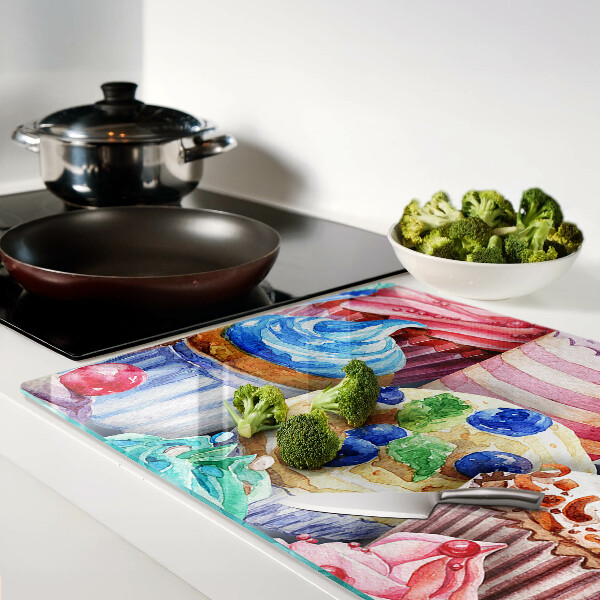 Snijplanken glas Cupcakes en kleurrijke gebakjes