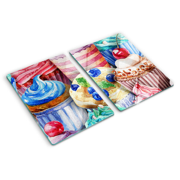 Snijplanken glas Cupcakes en kleurrijke gebakjes