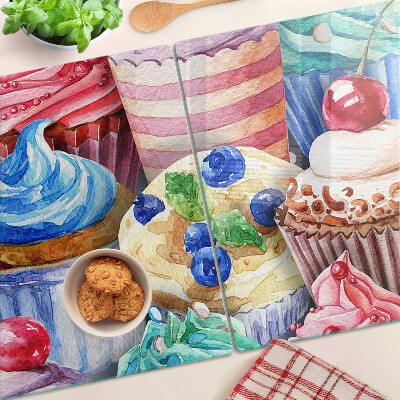 Snijplanken glas Cupcakes en kleurrijke gebakjes