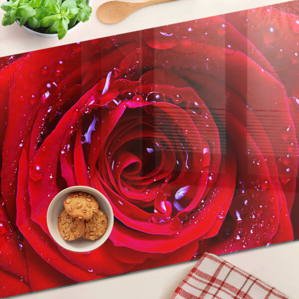 Snijplanken glas Rode roos met waterdruppels