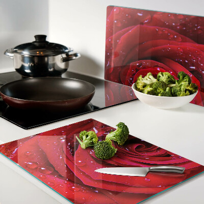 Snijplanken glas Rode roos met waterdruppels