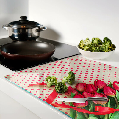 Snijplanken glas Tulpen met hartjes en lint.