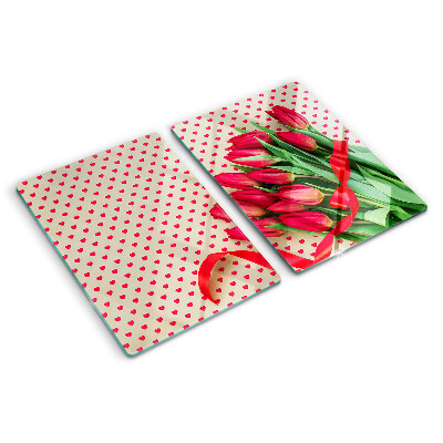 Snijplanken glas Tulpen met hartjes en lint.