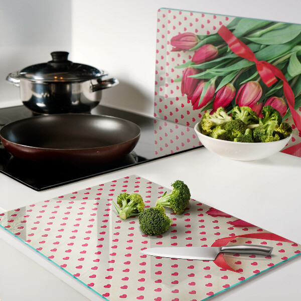 Snijplanken glas Tulpen met hartjes en lint.