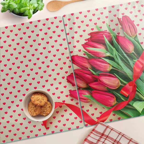 Snijplanken glas Tulpen met hartjes en lint.