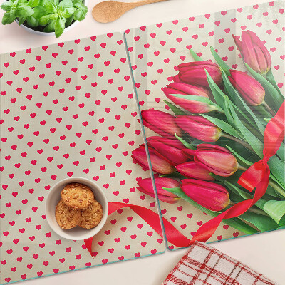 Snijplanken glas Tulpen met hartjes en lint.