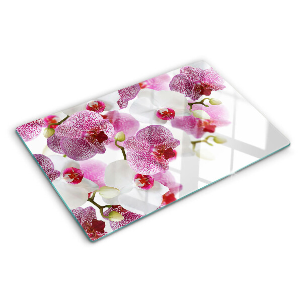 Snijplanken van glas Orchideeën op de achtergrond van het raam.