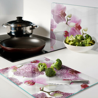 Snijplanken van glas Orchideeën op de achtergrond van het raam.