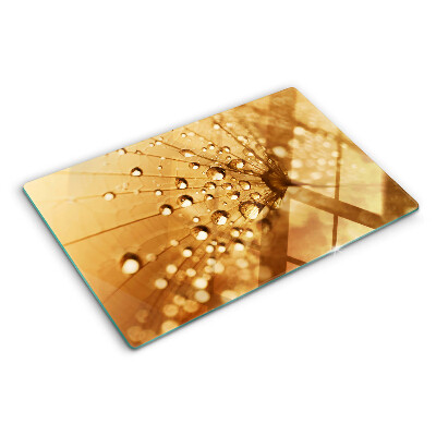 Snijplanken van glas Waterdruppels op een paardenbloem