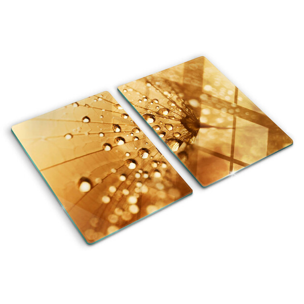 Snijplanken van glas Waterdruppels op een paardenbloem