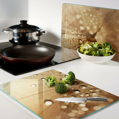 Snijplanken van glas Waterdruppels op een paardenbloem