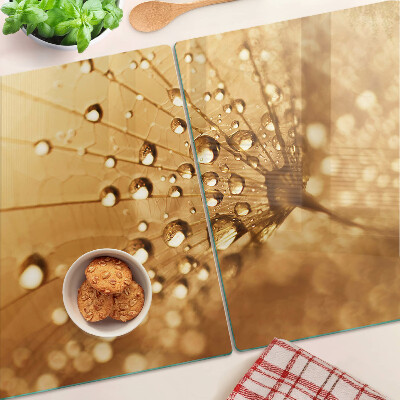 Snijplanken van glas Waterdruppels op een paardenbloem