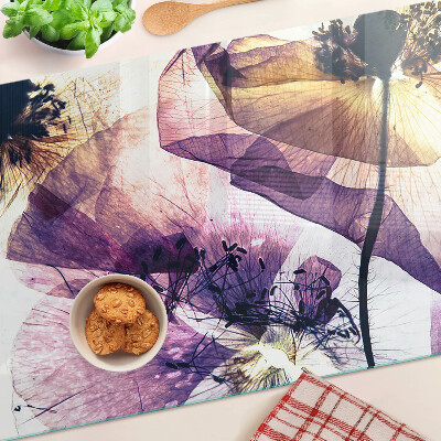 Glazen snijplanken Bloemen in paarse en gele tinten.