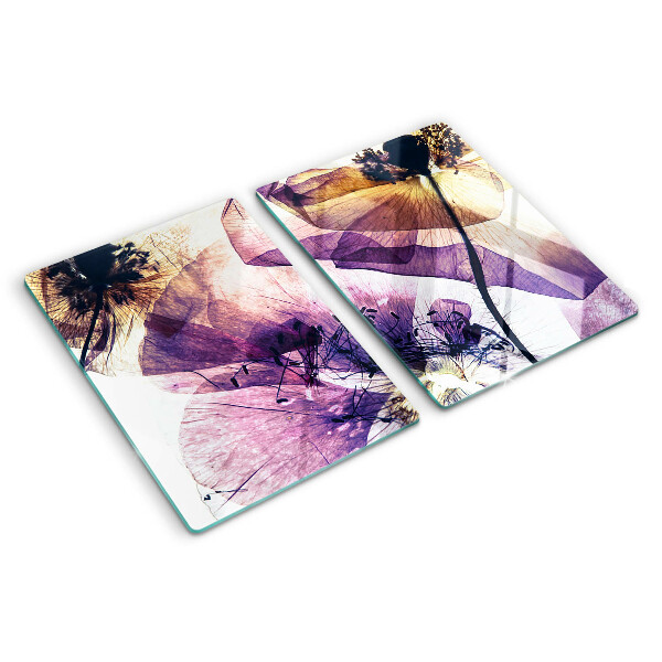 Glazen snijplanken Bloemen in paarse en gele tinten.