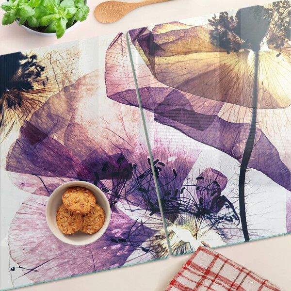 Glazen snijplanken Bloemen in paarse en gele tinten.