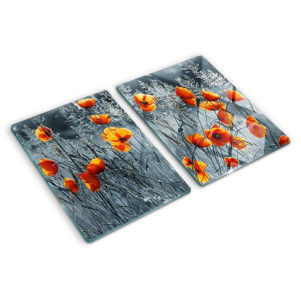 Glazen snijplanken Klaprozenlandschap in grijstinten