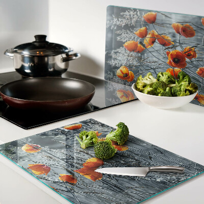 Glazen snijplanken Klaprozenlandschap in grijstinten