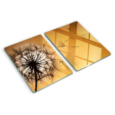 Glazen snijplanken Paardenbloemen tegen de achtergrond van de zonsondergang